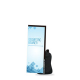 A rectangular backpack with a geometric blue banner attached, featuring a black base and carrying straps.