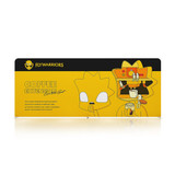A promotional tension fabric display wall featuring a vibrant yellow design with cartoon graphics and a logo.