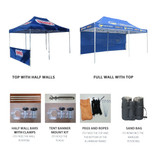 A large blue marquee with half walls and a full wall. Includes accessories like pegs, ropes, and a sandbag.