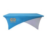 A blue and white stretch tablecloth for a 6ft table, featuring a logo.