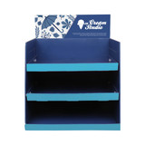 A three-tier counter display featuring a blue design and a decorative top panel with a logo.