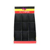 A counter display with nine black pockets and a coloured top section, featuring a logo.