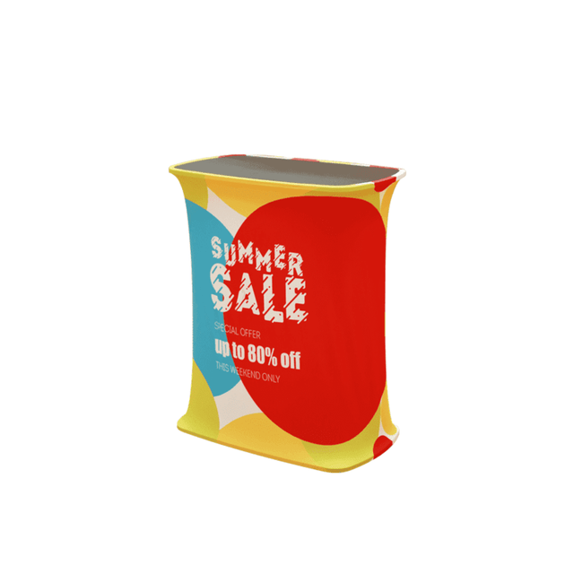 A square popup booth featuring vibrant red, yellow, and blue colours with an abstract design and branding.