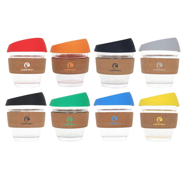 A collection of eight 8 oz reusable glass coffee cups with cork bands, featuring various coloured lids and a logo.