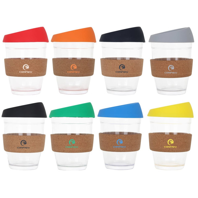A range of 12 oz reusable glass coffee cups with cork bands, featuring assorted lid colours: red, orange, black, grey, green, blue, and yellow.