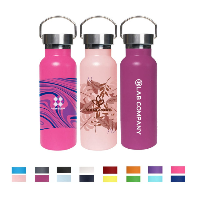 A drink bottle collection featuring three 500ml double wall vacuum bottles in pink, light pink, and purple, with stainless steel lids and logos.