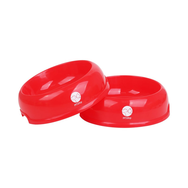 A red dog bowl set featuring a logo on each bowl. They have a smooth, glossy finish.