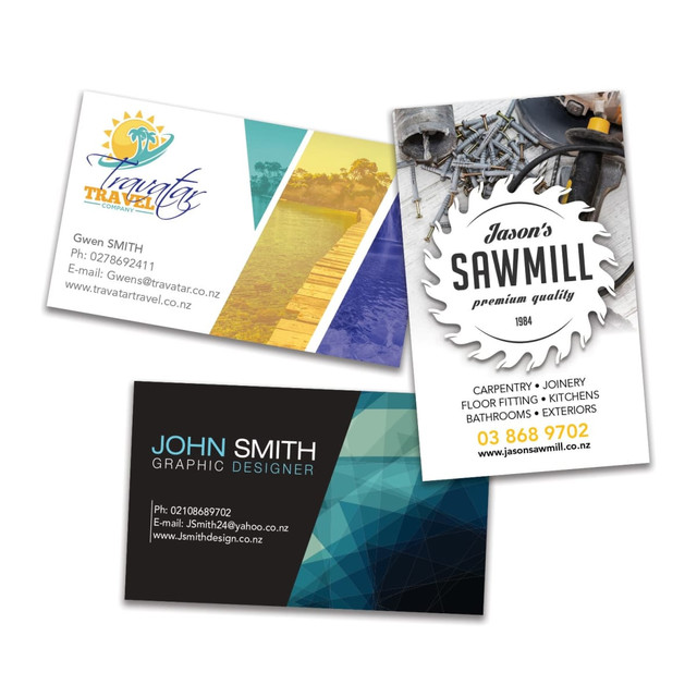 A collection of full colour business cards featuring various designs, logos, and vibrant colours.