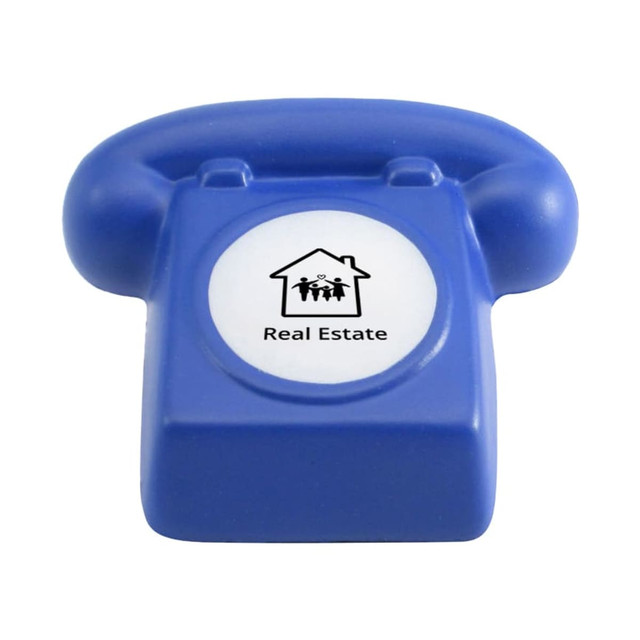 A blue phone-shaped stress reliever with a circular white center featuring a logo. Perfect for fun and games.