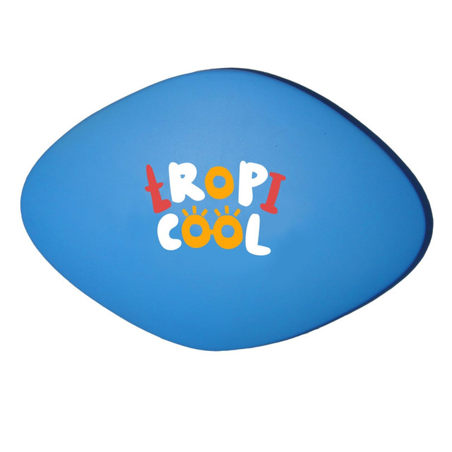 A blue tablet-shaped stress reliever with a logo printed in colourful letters.