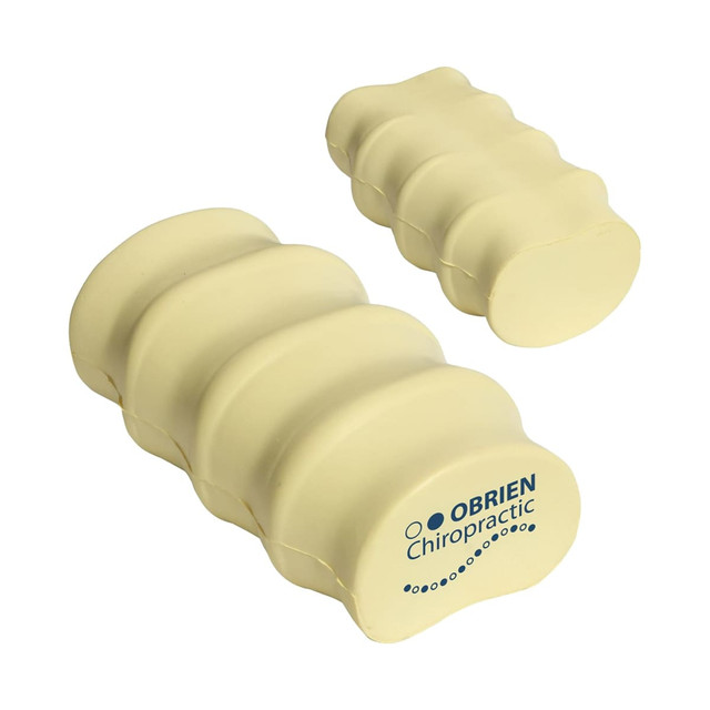 A yellow spine-shaped stress reliever with a branding logo, featuring a curved, segmented design.
