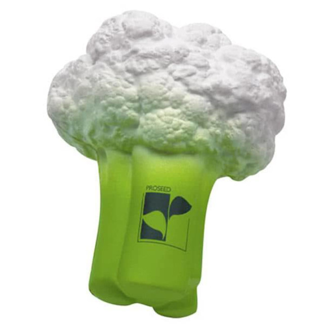A green and white cauliflower-shaped stress reliever with a logo on the front.