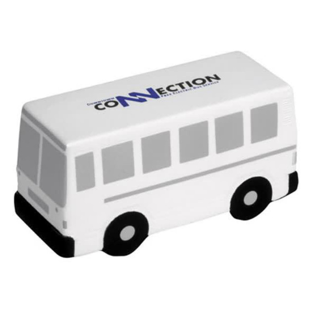 A white bus-shaped stress reliever with black wheels and a logo on the side.
