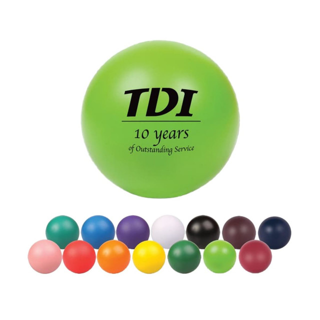 A green baseball-shaped stress reliever with a logo, surrounded by multiple coloured stress balls.