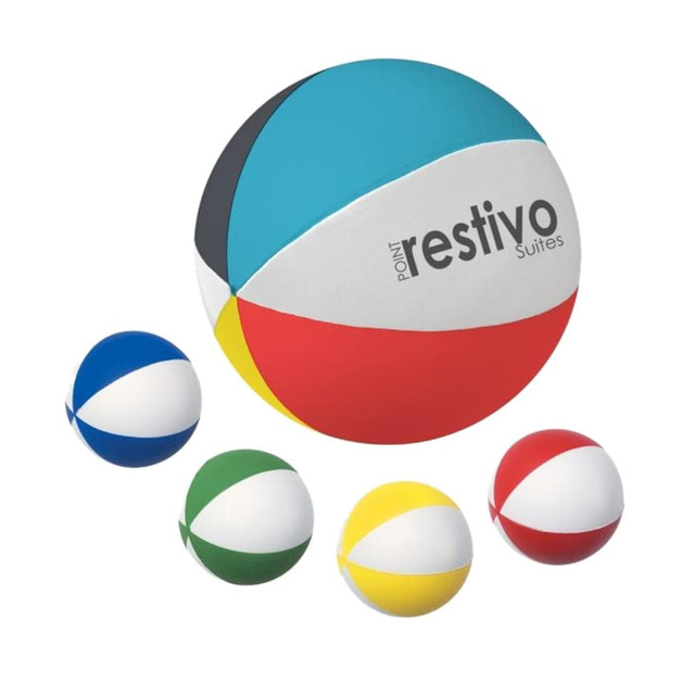 A set of five stress balls in beach ball shapes, featuring colours of blue, green, yellow, red, and white.