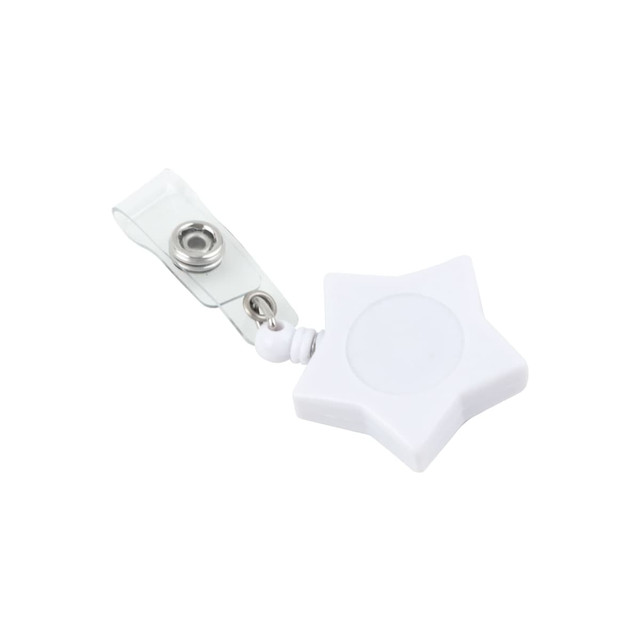A white star-shaped retractable card holder with a clear strap and a metal clip.