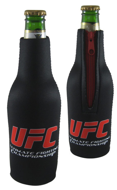 A drink bottle cooler in black with a zipper and a logo, designed to fit standard-sized bottles.