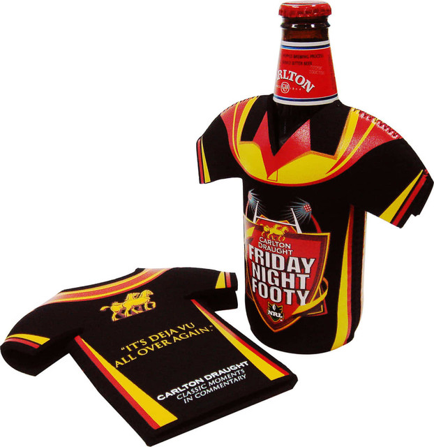 A drink bottle cooler designed like a football jersey, featuring black, red, and yellow colours, with a logo.