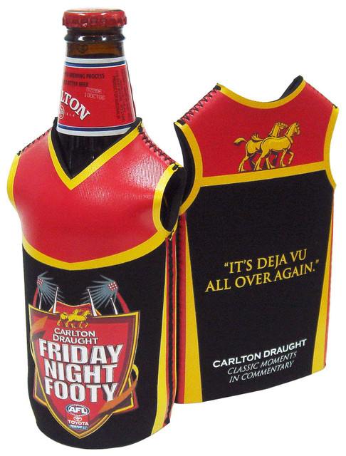A drink bottle cooler in red, black, and gold, featuring a football jersey design and a logo.