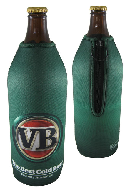 A drink bottle cooler in green with a zippered design, featuring a logo on the front.