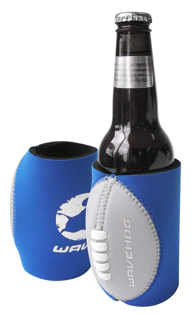 A drink bottle is nestled in a blue footy can cooler with a grey football design and a logo.