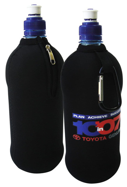 A drink bottle cooler in black with a carabiner, featuring a zip closure and a logo on the front.