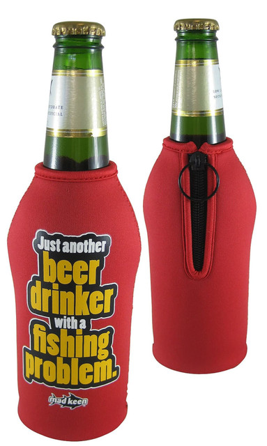A drink bottle koozie in vibrant red with a zip feature and a logo, designed to fit standard beverage bottles.