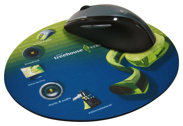 A round mouse pad in blue and green, featuring graphics and a black computer mouse on top.