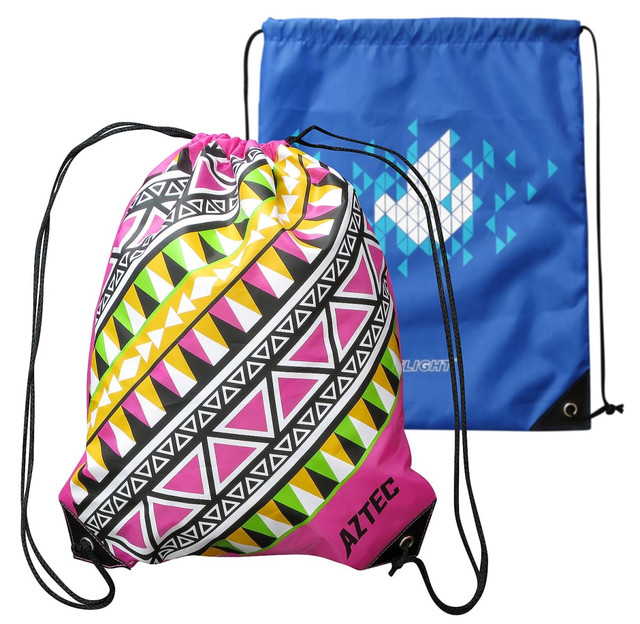 A drawstring backpack in pink, black, and green geometric patterns, alongside a solid blue bag featuring a logo.