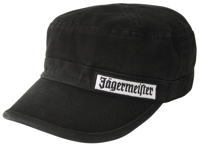 A black chino twill military cap featuring a front patch and a curved brim. The cap has a logo on the front.