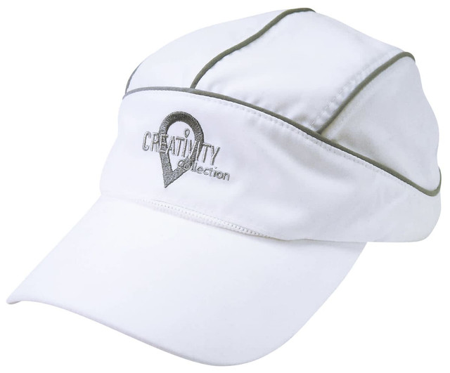 A white sports cap featuring contrasting grey detailing and a logo on the front.