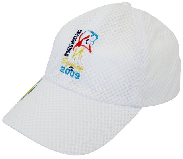 A white polyester mesh cap with an embroidered logo and colourful design on the front.