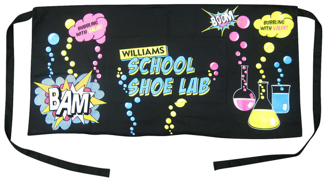 A black waiters' apron featuring colourful comic-style illustrations and a logo, with ties on either end.