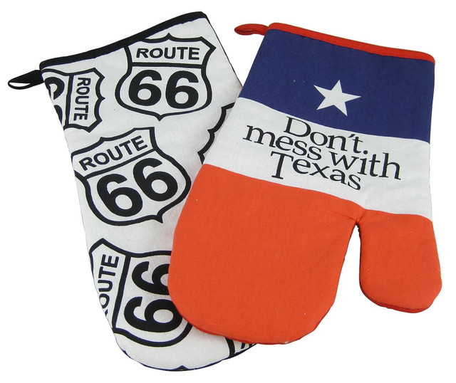 A pair of kitchen mittens featuring a Route 66 print and a Texas flag design in red, white, and blue colours.