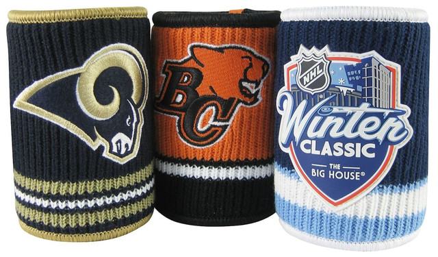 Three drink bottle coolers in black, orange, and multi-coloured designs, each with unique logos and patterns.