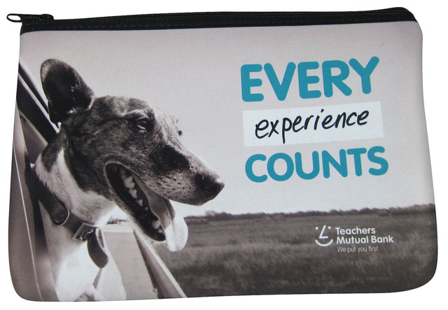 A pencil case with a grey and white dog design, featuring turquoise text and a logo.