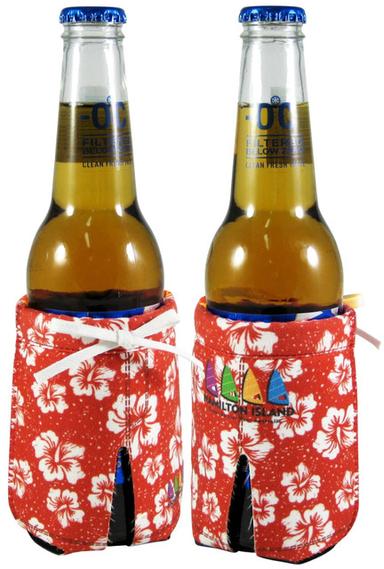 A drink bottle cooler in red with white floral patterns, featuring a logo and opening for easy access.