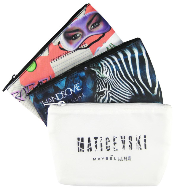 Three cosmetic pouches in vibrant designs: a pink patterned pouch, a black and white zebra print pouch, and a white pouch with a logo.