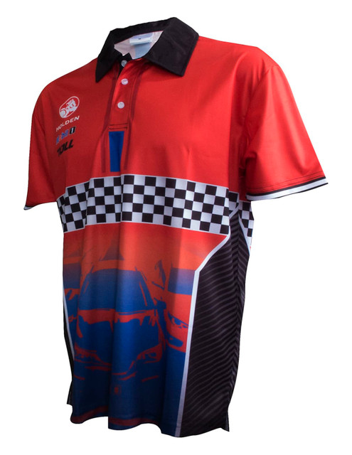 A red and black short sleeve unisex polo shirt with a checkered design and a logo.