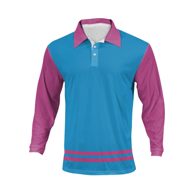 A long sleeve unisex polo shirt in bright blue with pink sleeves and stripes, featuring a collar and buttons.