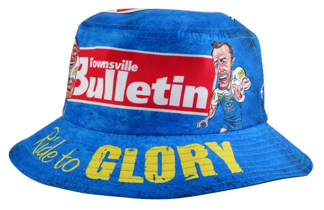 A blue bucket hat featuring various graphics and a logo, with "Ride to Glory" printed on the brim.