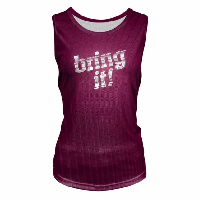 A maroon singlet featuring a print with the text “bring it!” and a logo.