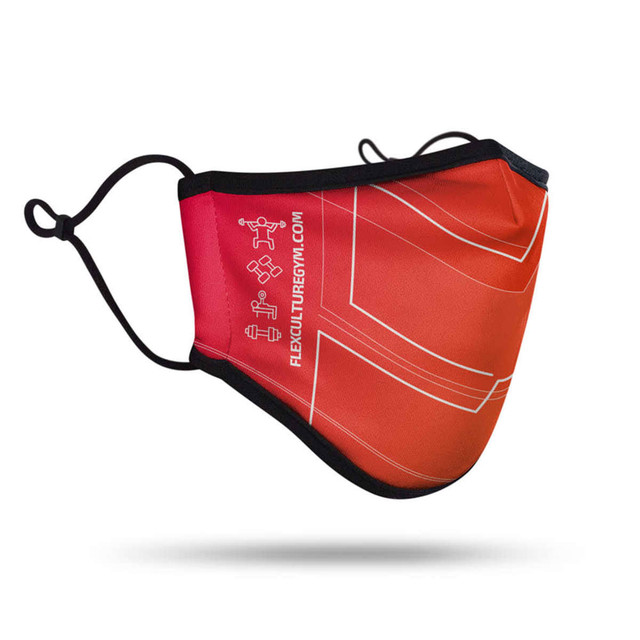 A reusable mask in red with a black trim and a logo printed on the side, featuring an elastic ear loop design.