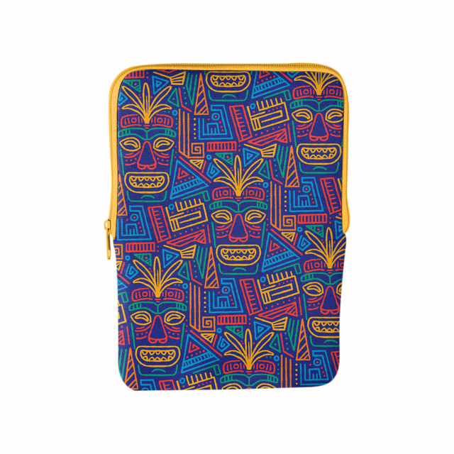 A zippered tablet sleeve featuring a vibrant, multicoloured tribal pattern on a blue background.