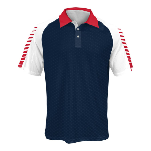 A unisex raglan polo shirt in navy with red and white sleeves, featuring a logo on the front.