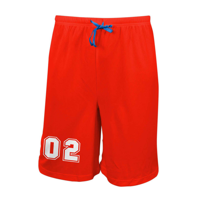 Red unisex basketball shorts featuring a blue drawstring and a white logo with the number 02.
