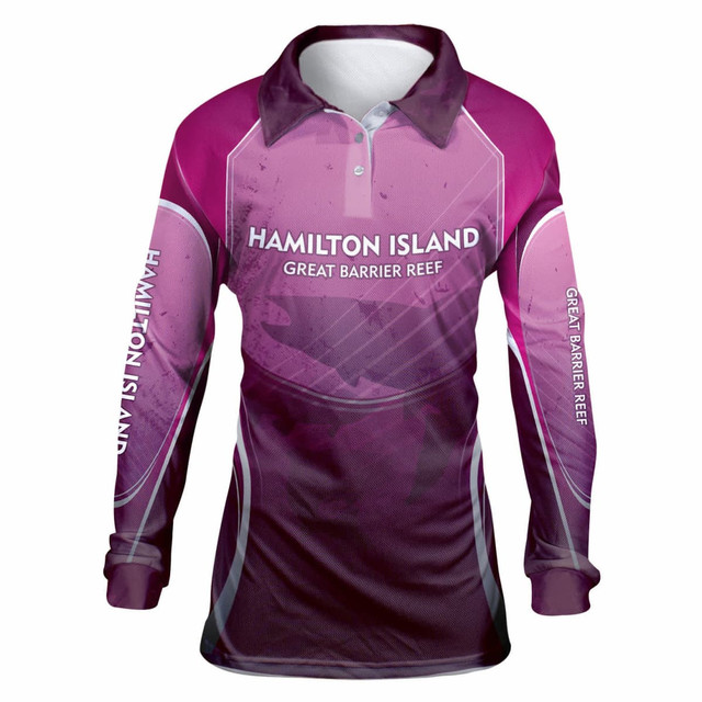 A long-sleeved polo shirt in various shades of pink with a logo, featuring a sporty design inspired by fishing.