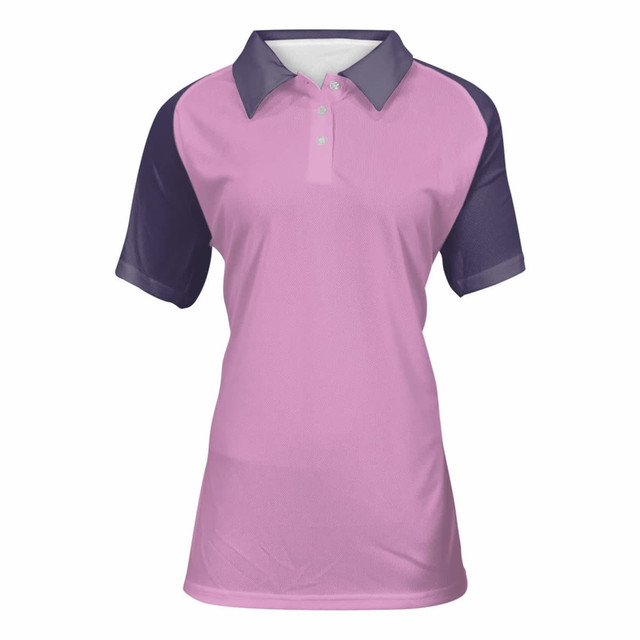A ladies' raglan polo shirt in pink with navy sleeves and a collar, featuring a logo on the chest.