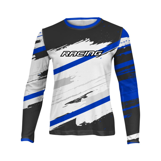 A long sleeve youth T-shirt featuring a black, white, and blue design with a logo.