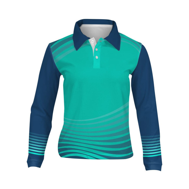 A long sleeve youth polo shirt in teal and navy blue with a wave pattern and a logo.